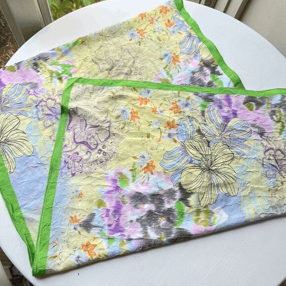 Pastel Floral Crinkle Texture Oblong Scarf with Lime Border – 22"x69" - Picture 5 of 9